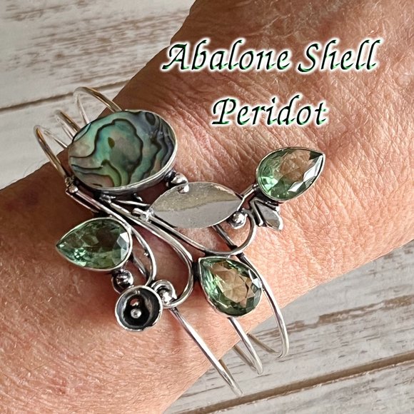 Abalone Shell Peridot Bangle Bracelet Handmade Stone Gemstone Crystal 925 Silver - Picture 1 of 13